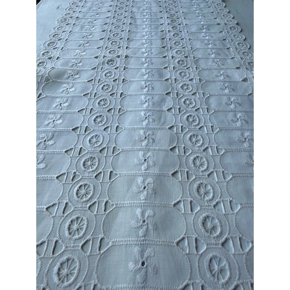 Vintage White Eyelet Lace Table Runner Embroidered Floral Cutout Rectangular
